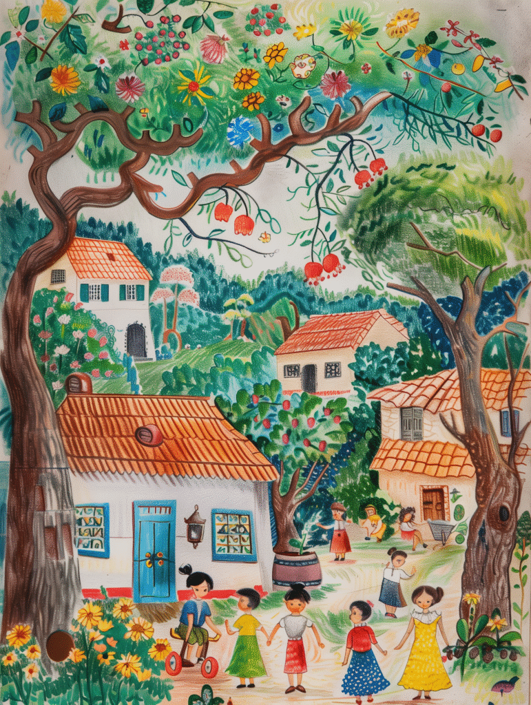 children's drawings village people children play